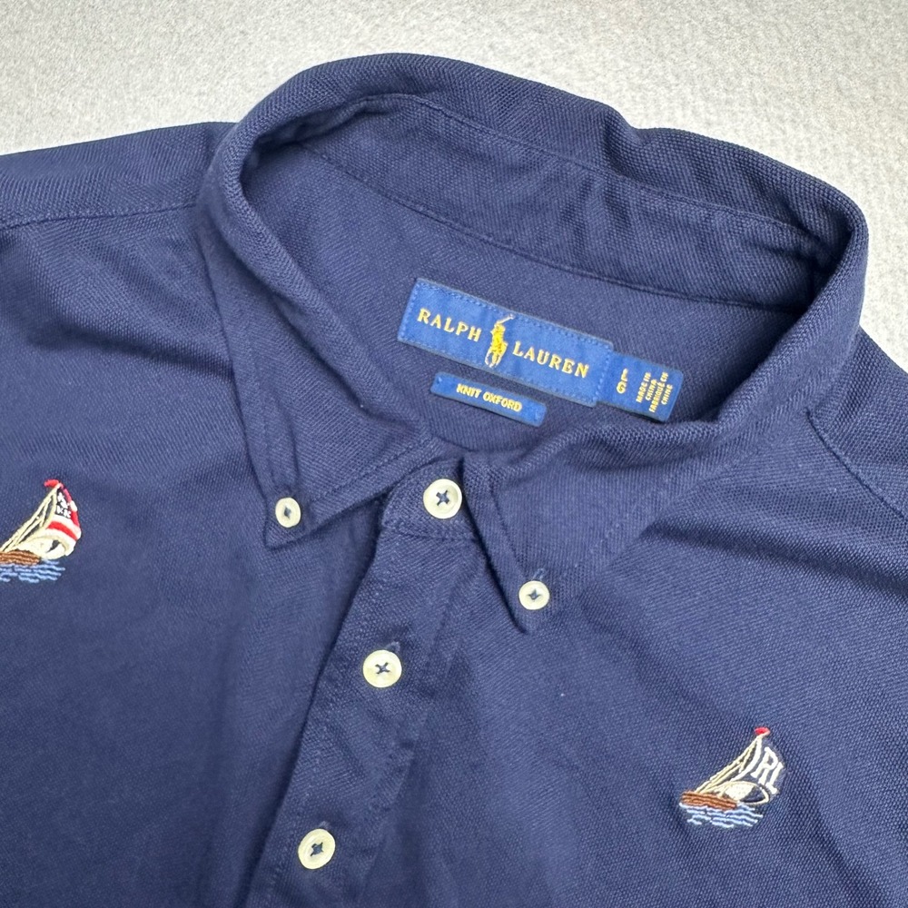 Ralph Lauren Polo Shirt Mens Large Navy Blue Embroidered Nautical Knit Oxford